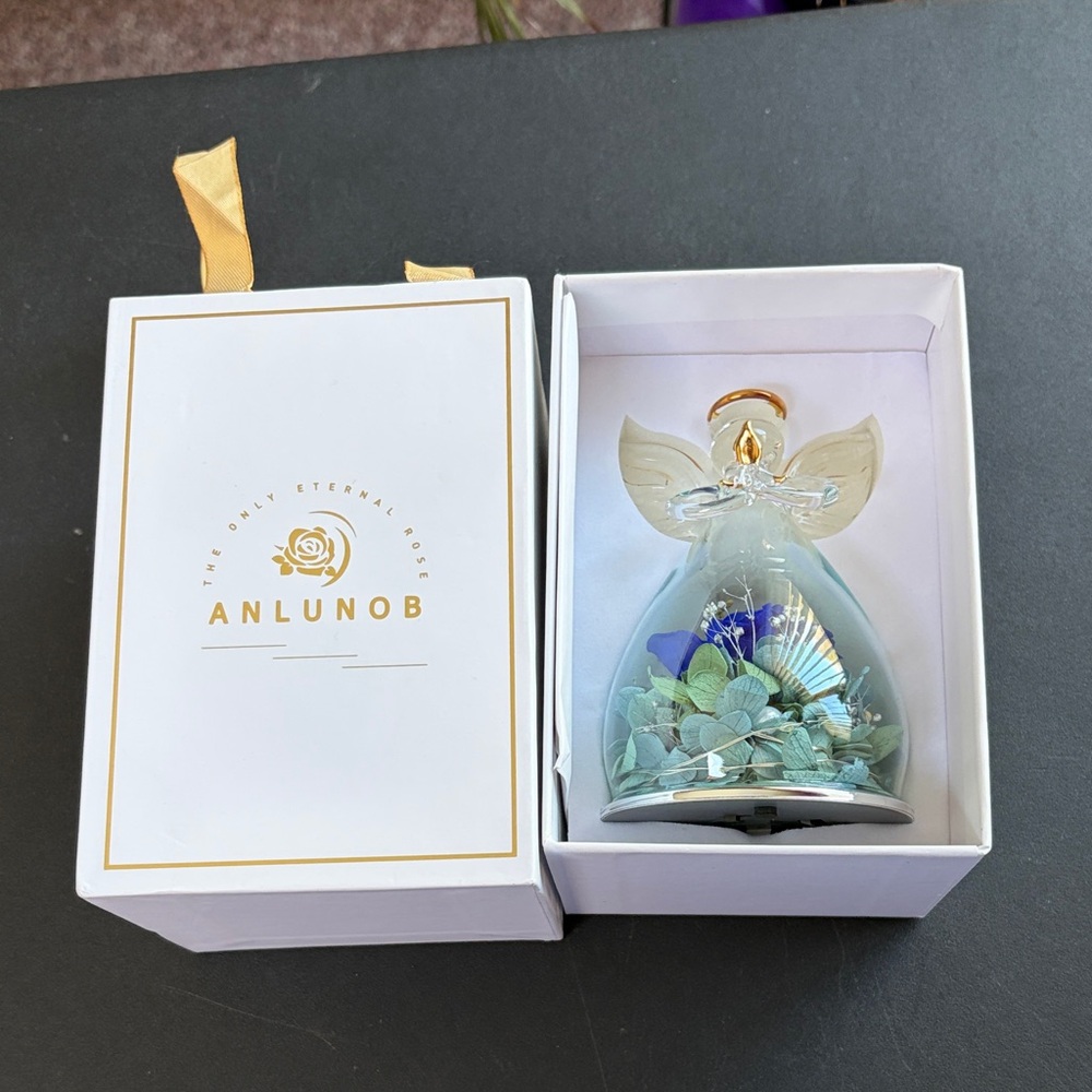 ANLUNOB The Only Eternal Rose Glass Blue Flower Angel Design Gold Trim Box